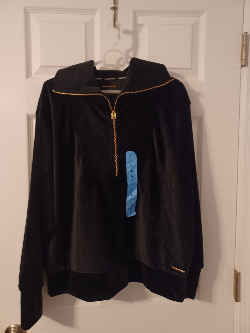 Halston Black Velvet Half-Zip Hoodie with Gold Trim